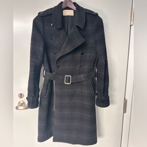 Rebecca Minkoff Black Plaid Wool Belted Silk-Lined Trench Coat Size 10